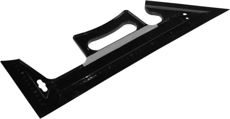 Escuadra de carpintero negra con marcas para medir y trazar líneas rectas, ideal para proyectos de pintura en plástico.